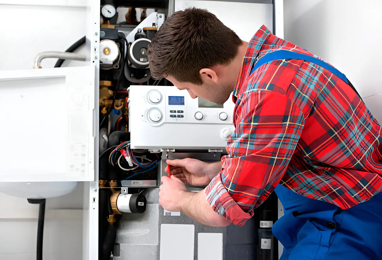 Home 15 Technician performing heating services on a residential furnace